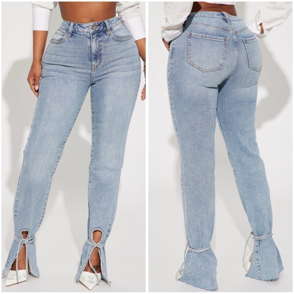 Fashion Nova All Tied Up Light Wash Blue Straight Leg Denim Jeans Size 13